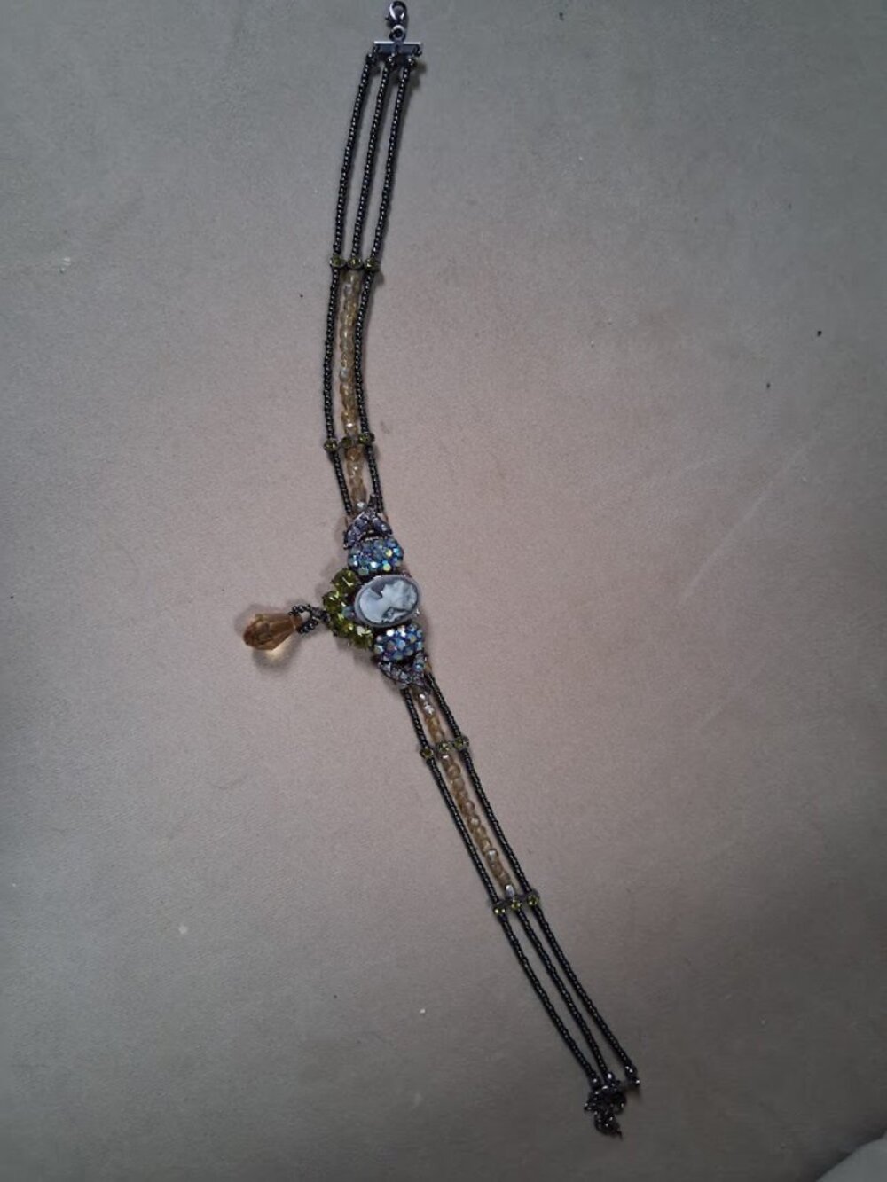 Vintage Boho Cameo Beaded Rhinestone Choker Necklace
